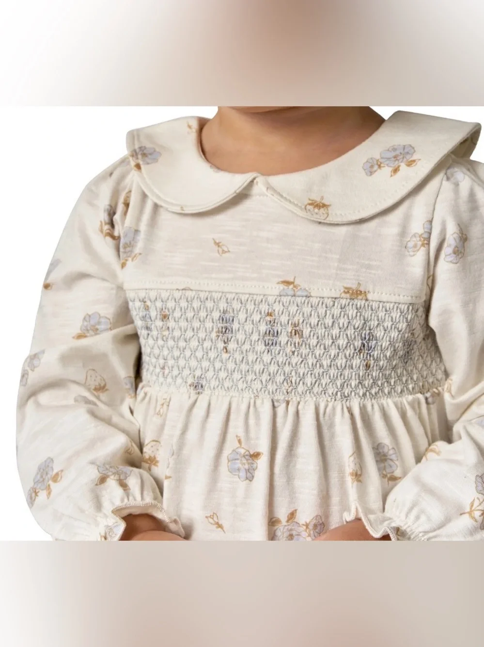 Modern Moments 12M Smocked Cotton Cream Blue Floral Bubble Romper Boho Fall